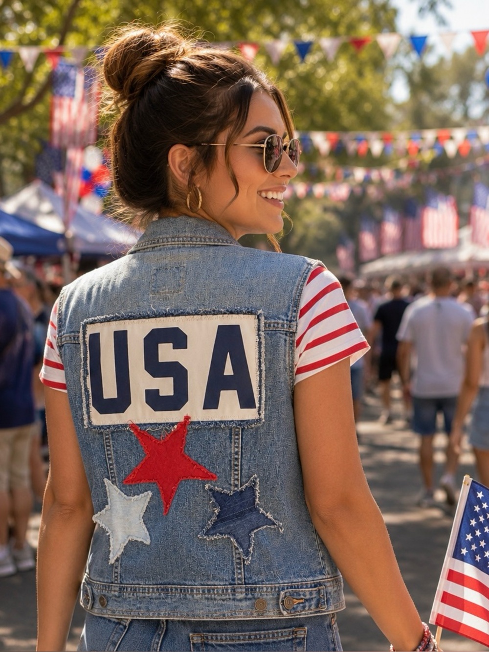 USA and Stars Upcycled Denim Jean Vest. Large.